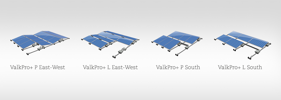 ValkPro+ flat roof solar panel mounting system in all configurations and orientations | East-West and South, landscape and portrait